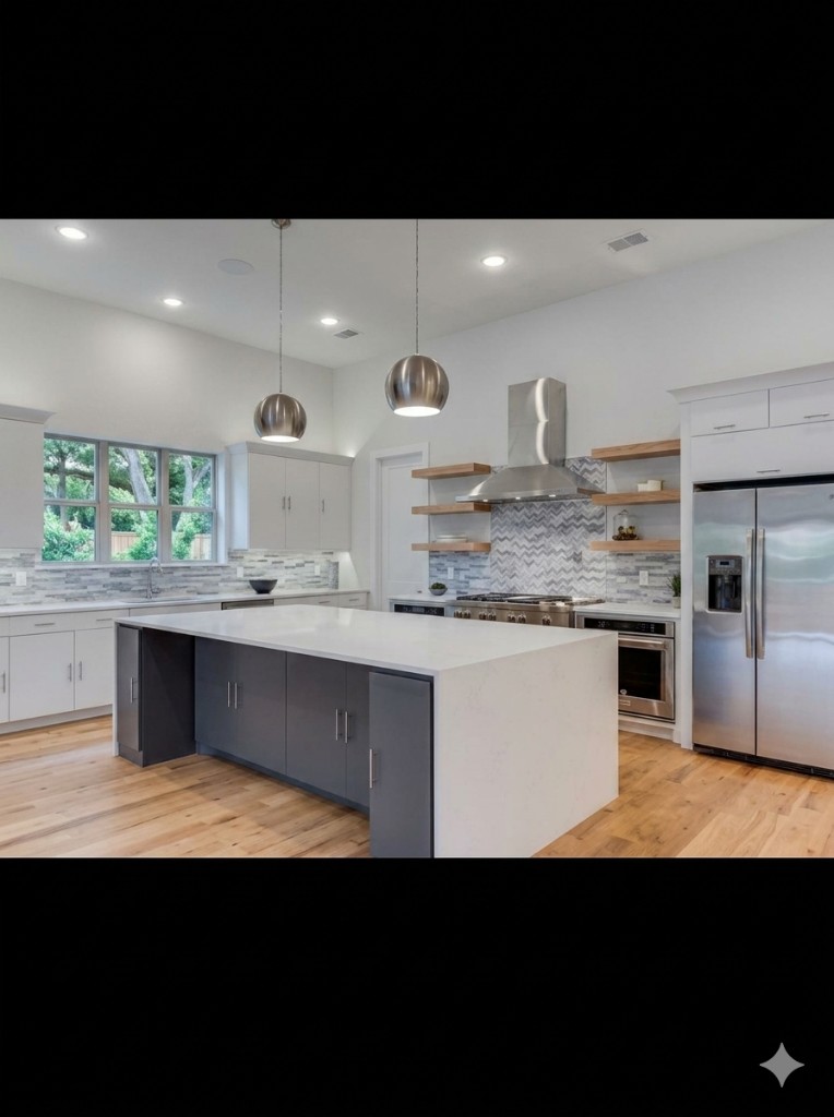 Remodeled residential kitchen with custom cabinets and island